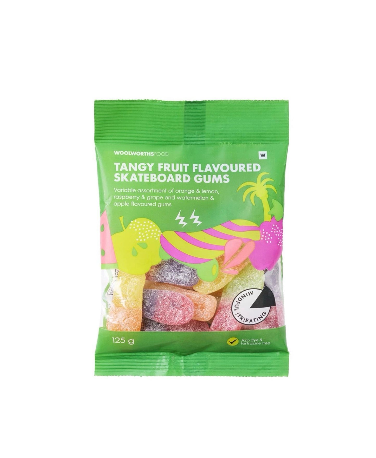 Woolies tangy fruit flavored skateboard shaped gums 125g