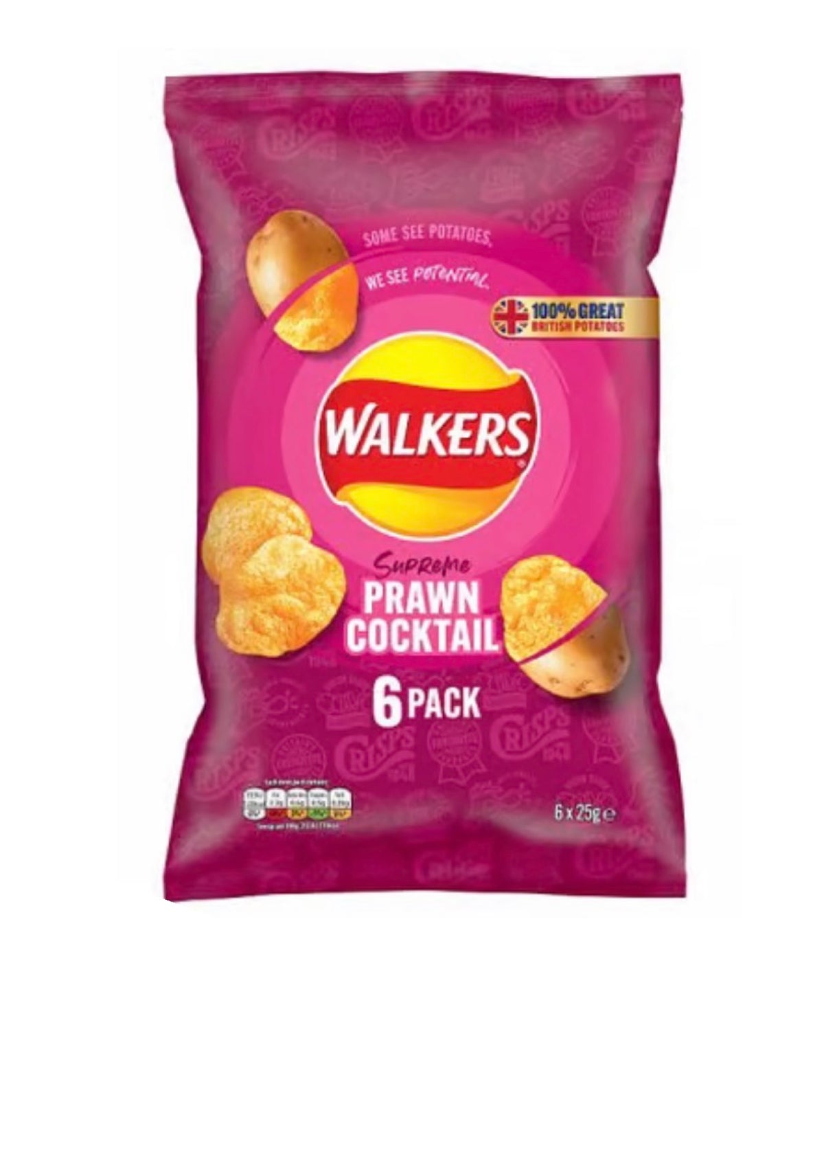 6 PACK: Walkers prawn cocktail chips 6 x 25g (UK)