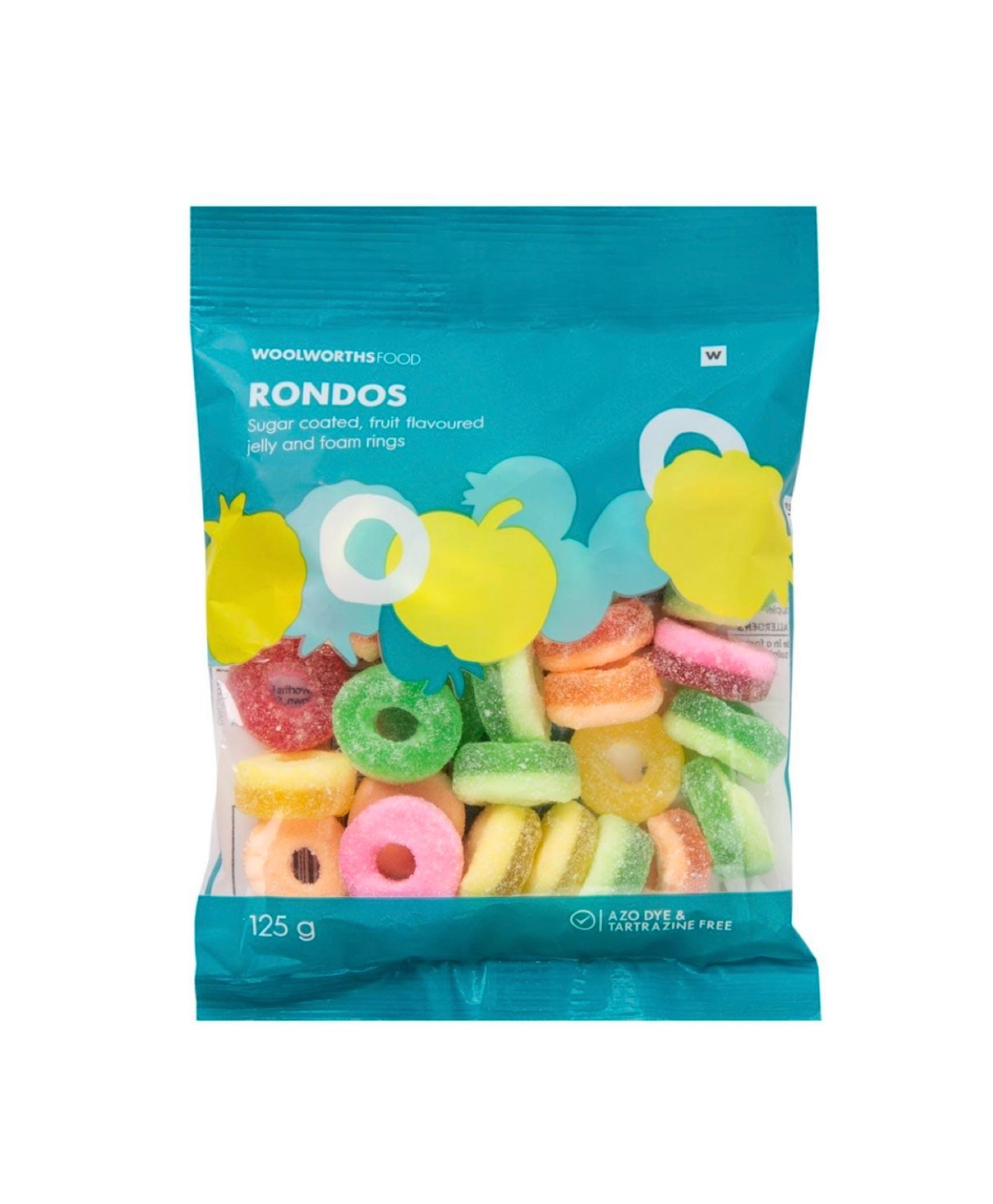 Woolies Rondos sugar coated fruit flavored jelly and foam rings 125g