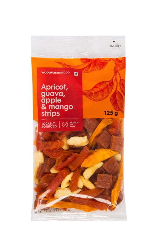 Woolies apricot, guava, apple & mango strips 125g