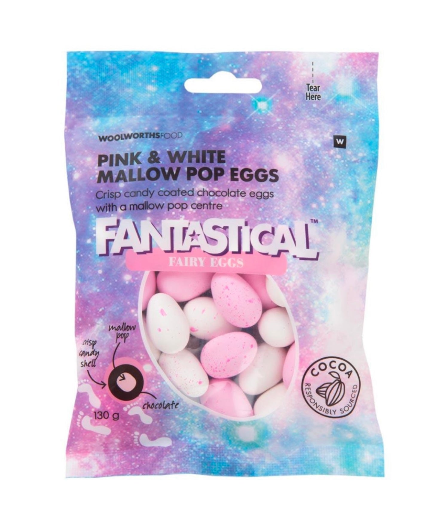 Woolies Fantastical pink and white mallow pop eggs 130g